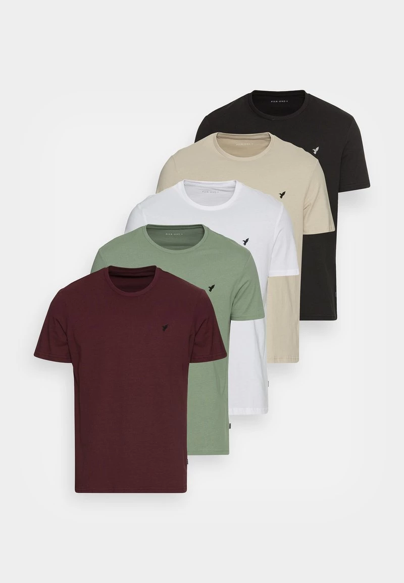 Pier One Hombre WITH BIRD STRAIGHT 5 PACK - Camiseta Básica - White/green/bordeaux/black/beige - Imagen 8